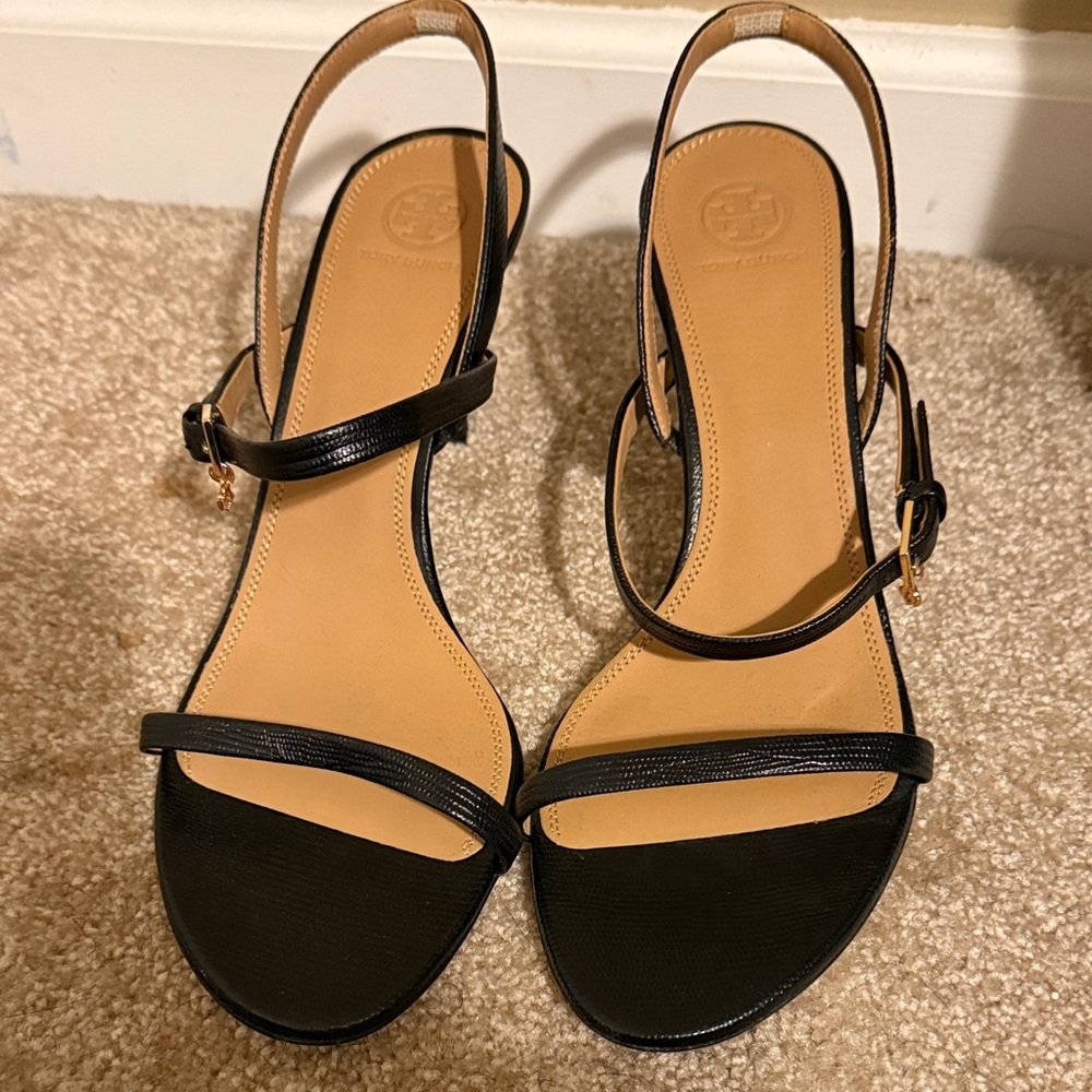 New Tory Burch Penelope Black Leather Slingback Sandals, Size 10.5